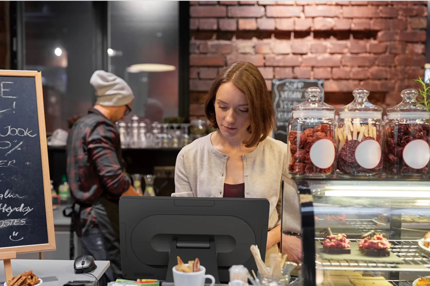 Point of sale touch screen in coffee shop