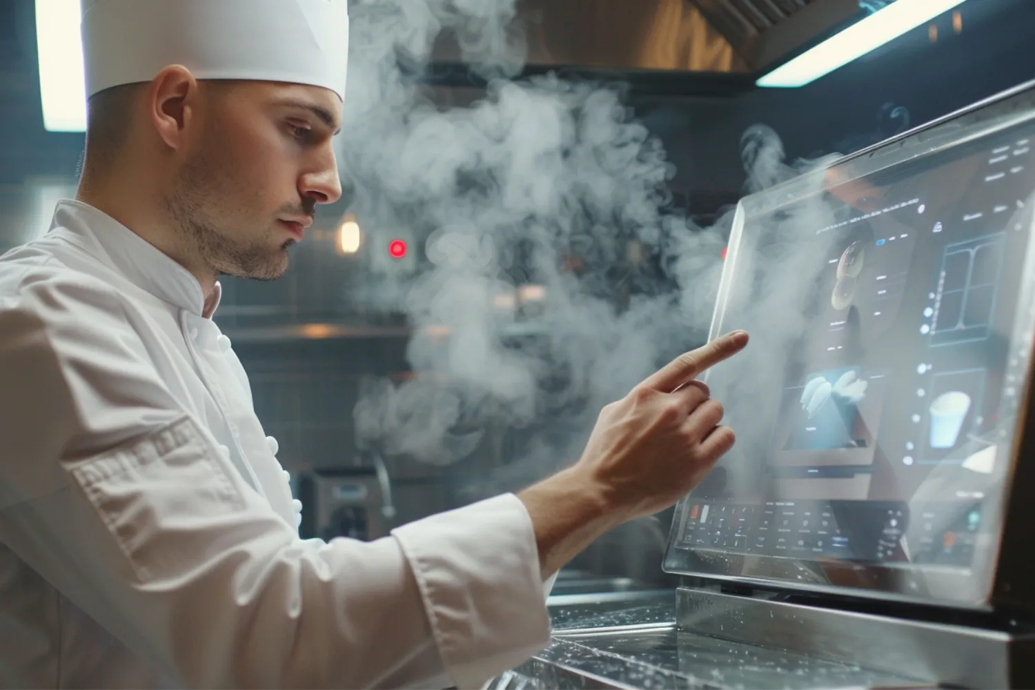 Chef operates touch screen in kitchen display system